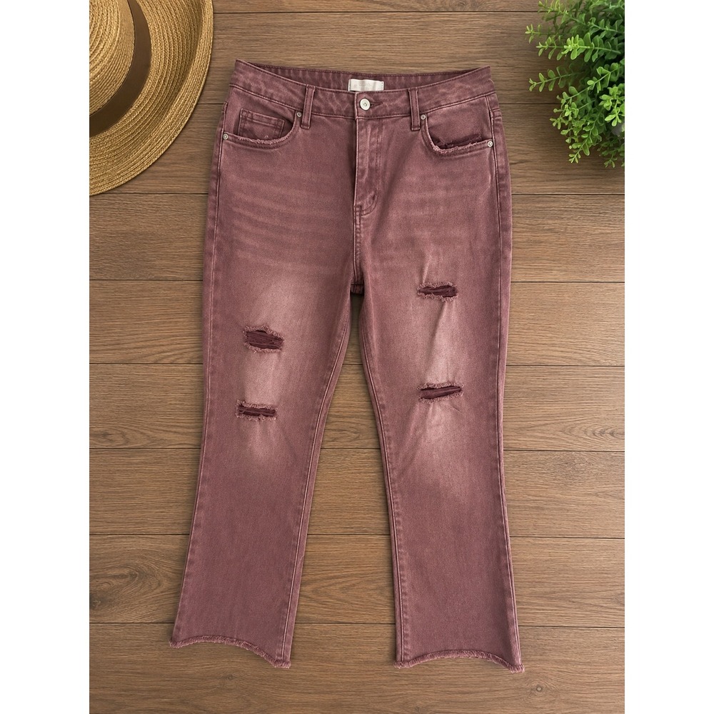 Vervet Blue Distressed Straight Leg Jeans Mauve Rose Raw Hem Size 30